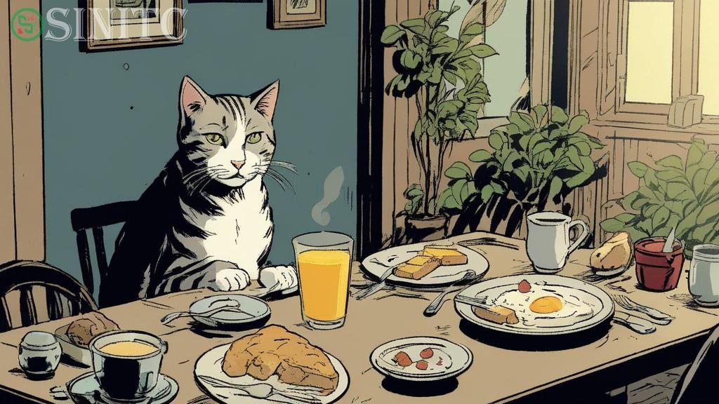 Người kể chuyện ngồi trên sàn và ăn sáng với lũ mèo.