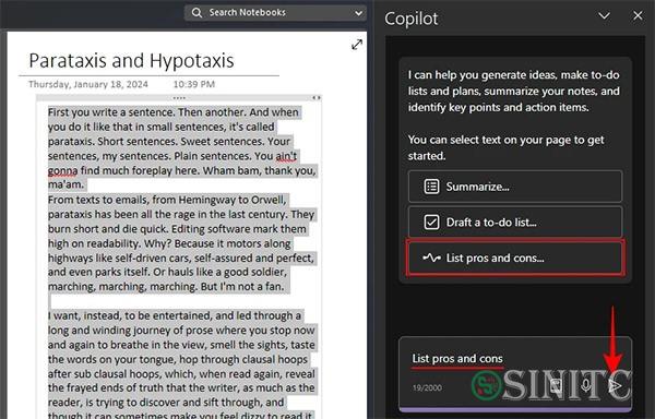 Tạo danh sách ưu nhược điểm ghi chú OneNote bằng Copilot