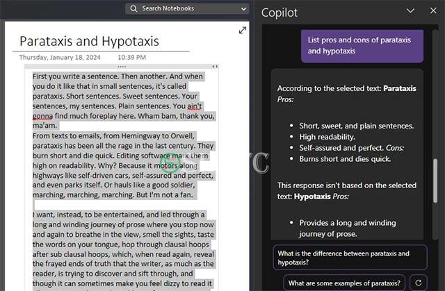 List ưu nhược điểm ghi chú OneNote bằng Copilot