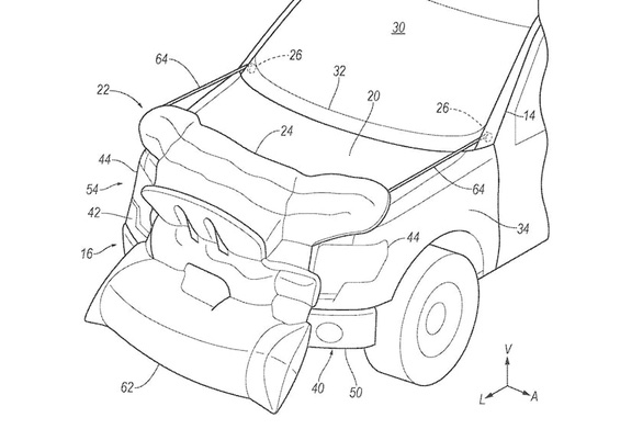 Ý tưởng túi khí mà Ford công bố vừa bung phía trên ca pô để hạn chế thiệt hại cho kính lái, vừa bung phía dưới để tránh người bị va chạm bị cuốn vào gầm - Ảnh: Ford