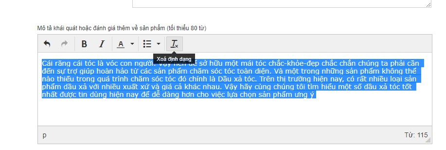 Sử dụng nút xóa định dạng có sẵn trên khung soạn thảo