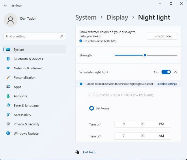 Chỉnh sửa cài đặt Night Light của Windows 11